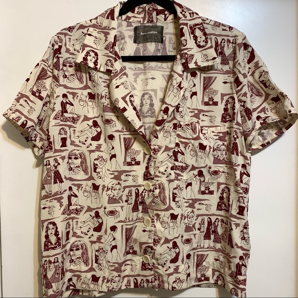 Reformation Holiday Camp Girl Print shirt